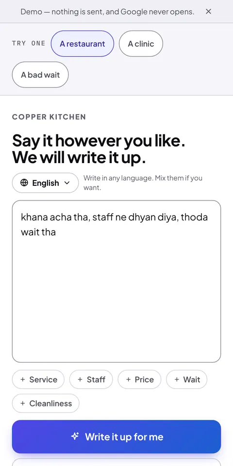 The customer screen, from AskRevu’s own demo: “Say it however you like. We will write it up.”, with a note typed in Hinglish: “khana acha tha, staff ne dhyan diya, thoda wait tha”.