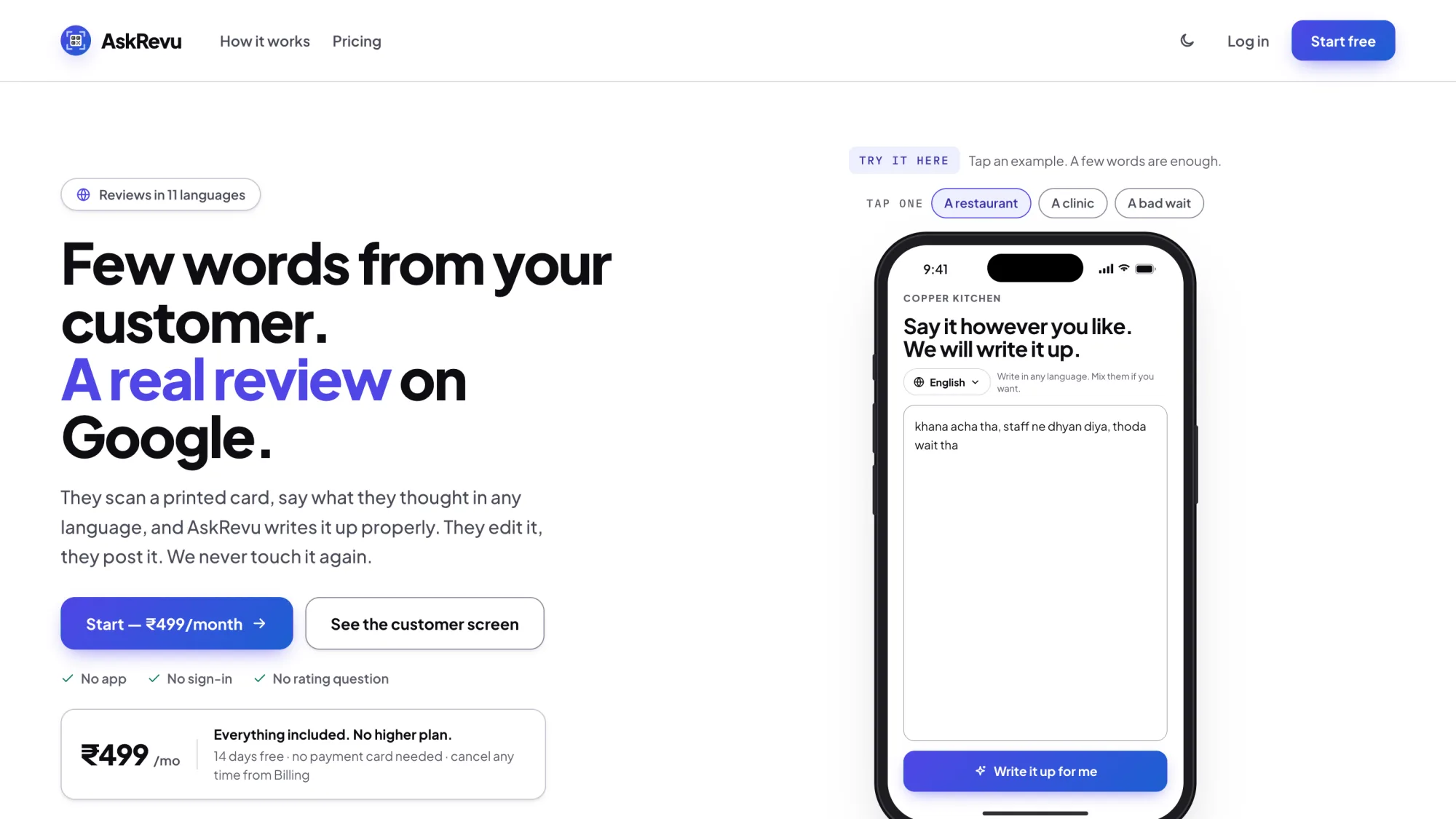 The AskRevu homepage: headline “Few words from your customer. A real review on Google.” beside a phone showing the customer screen, where a customer has typed a short note in Hinglish.
